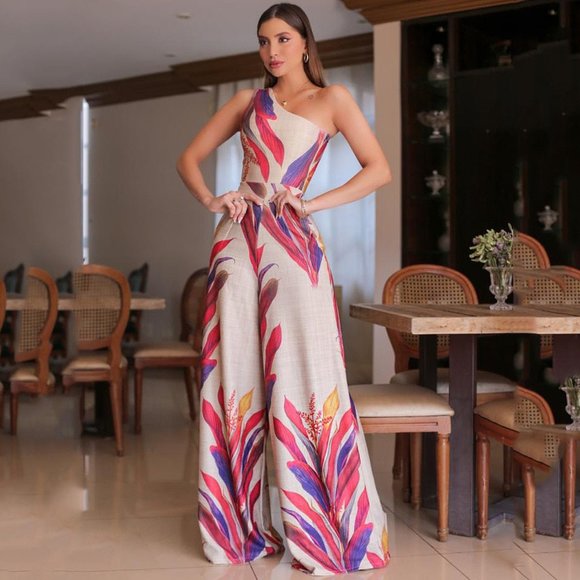 Elegant Summer Pattern Print One Shoulder Sleeveless Formal Loose Pants Jumpsuit - Picture 3 of 6